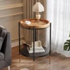 Round Side Table, 2-Tier End Table with Solid Wood Tabletop