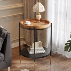 Round Side Table, 2-Tier End Table with Solid Wood Tabletop