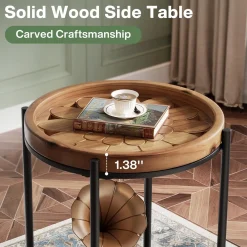 Round Side Table, 2-Tier End Table with Solid Wood Tabletop