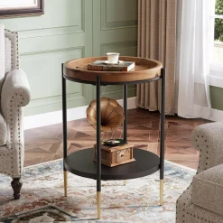 Round Side Table, 2-Tier End Table with Solid Wood Tabletop
