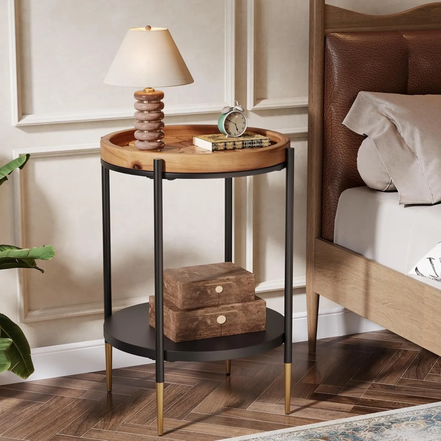Round Side Table, 2-Tier End Table with Solid Wood Tabletop