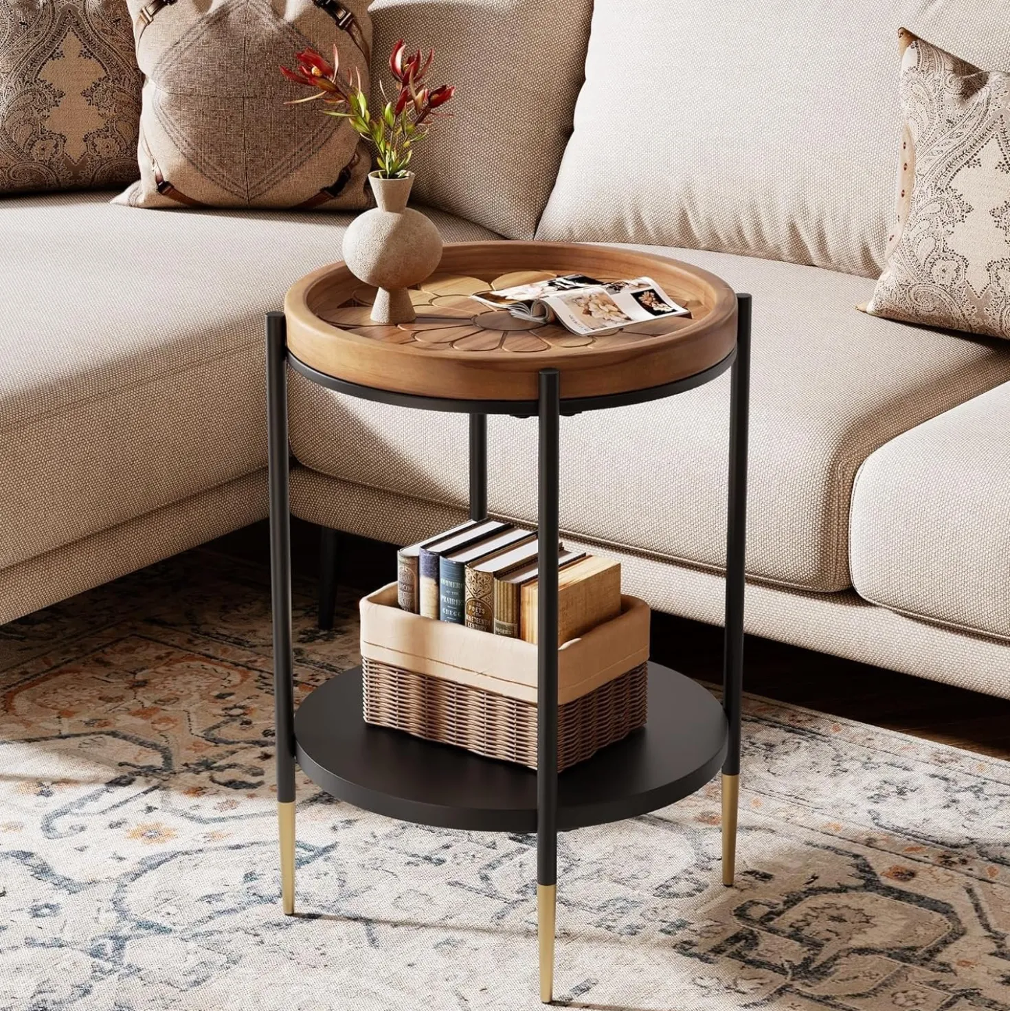 Round Side Table, 2-Tier End Table with Solid Wood Tabletop