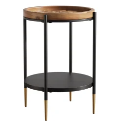 Round Side Table, 2-Tier End Table with Solid Wood Tabletop