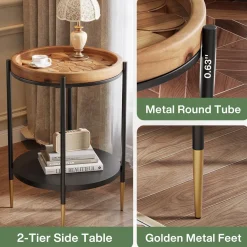 Round Side Table, 2-Tier End Table with Solid Wood Tabletop