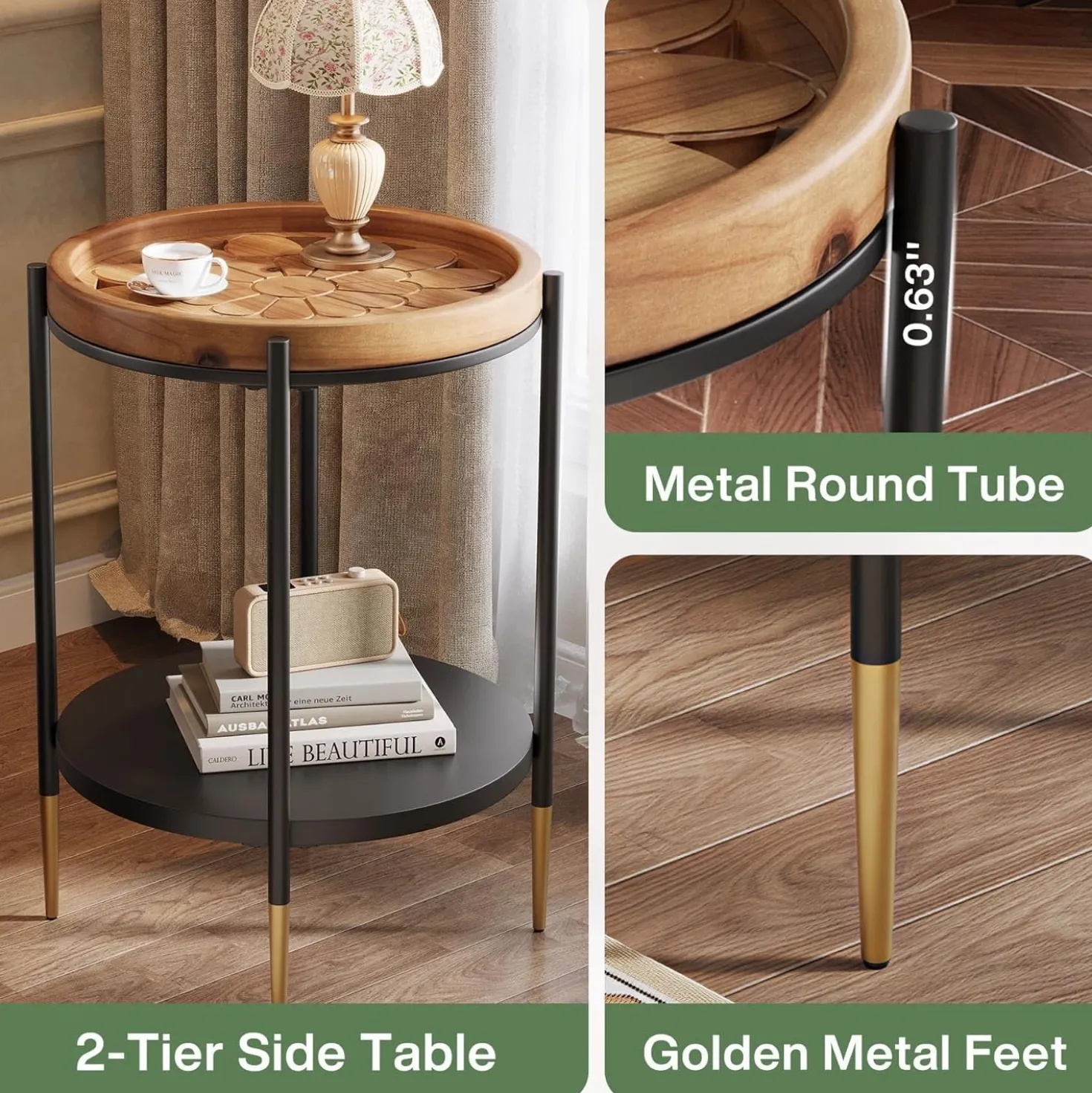 Round Side Table, 2-Tier End Table with Solid Wood Tabletop