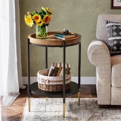 Round Side Table, 2-Tier End Table with Solid Wood Tabletop