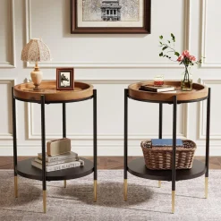 Round Side Table, 2-Tier End Table with Solid Wood Tabletop