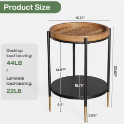 Round Side Table, 2-Tier End Table with Solid Wood Tabletop