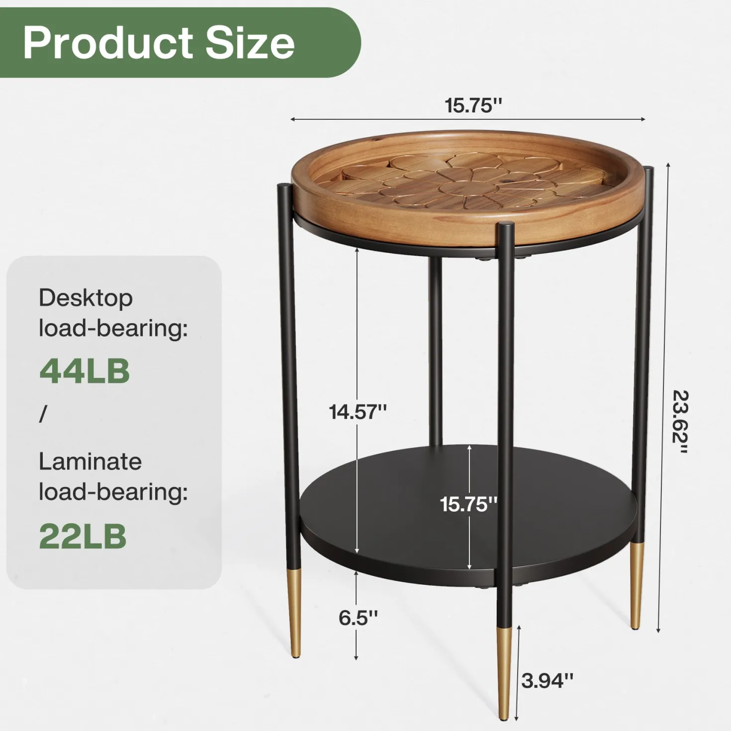 Round Side Table, 2-Tier End Table with Solid Wood Tabletop