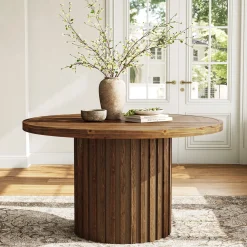 Round Solid Wood Dining Table for 4, 47" Kitchen Table with Fluted Pedestal Base