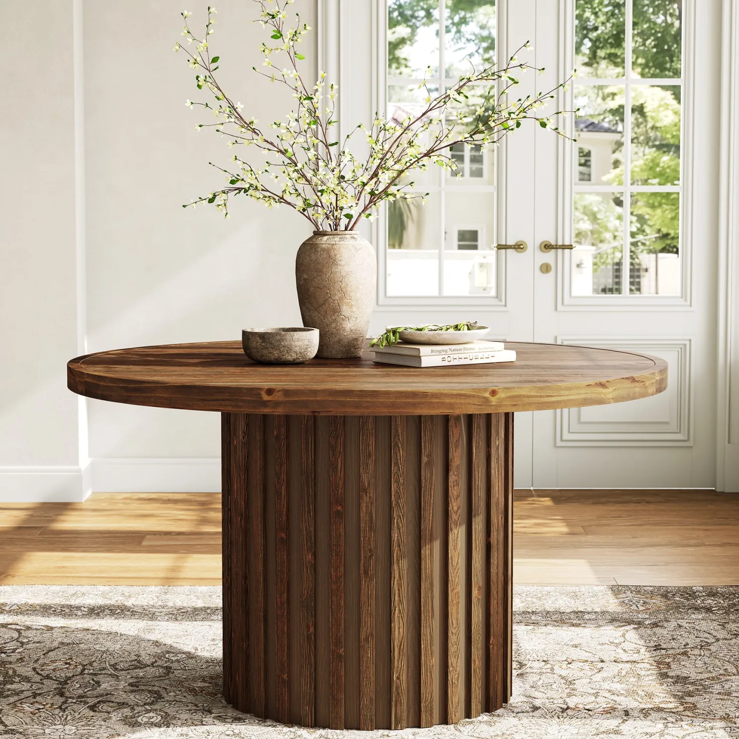 Round Solid Wood Dining Table for 4, 47" Kitchen Table with Fluted Pedestal Base