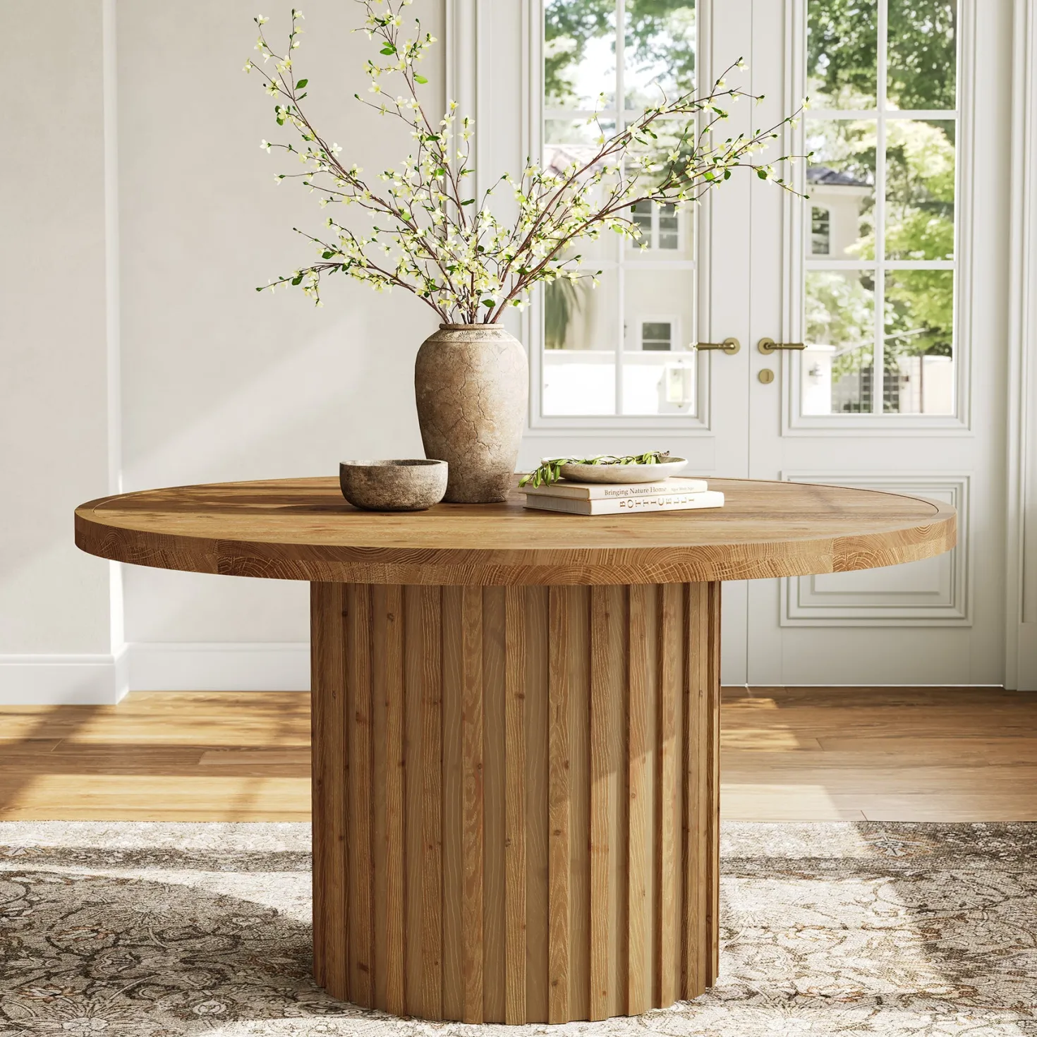 Round Solid Wood Dining Table for 4, 47" Kitchen Table with Fluted Pedestal Base