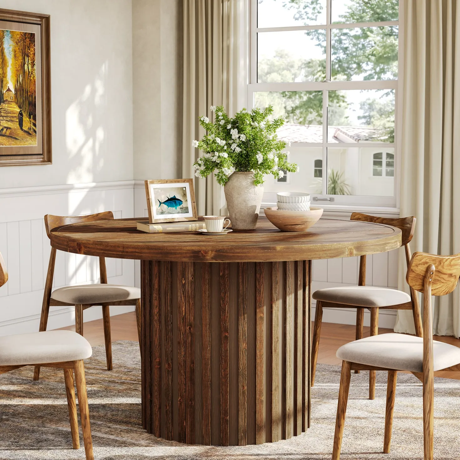 Round Solid Wood Dining Table for 4, 47" Kitchen Table with Fluted Pedestal Base