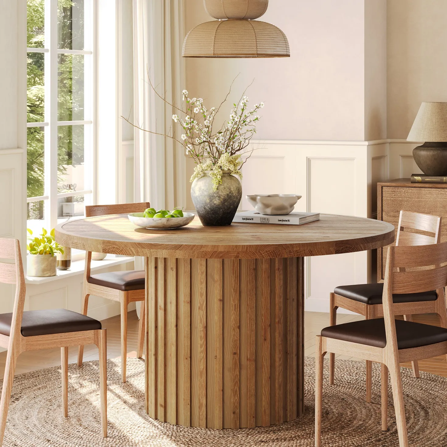 Round Solid Wood Dining Table for 4, 47" Kitchen Table with Fluted Pedestal Base