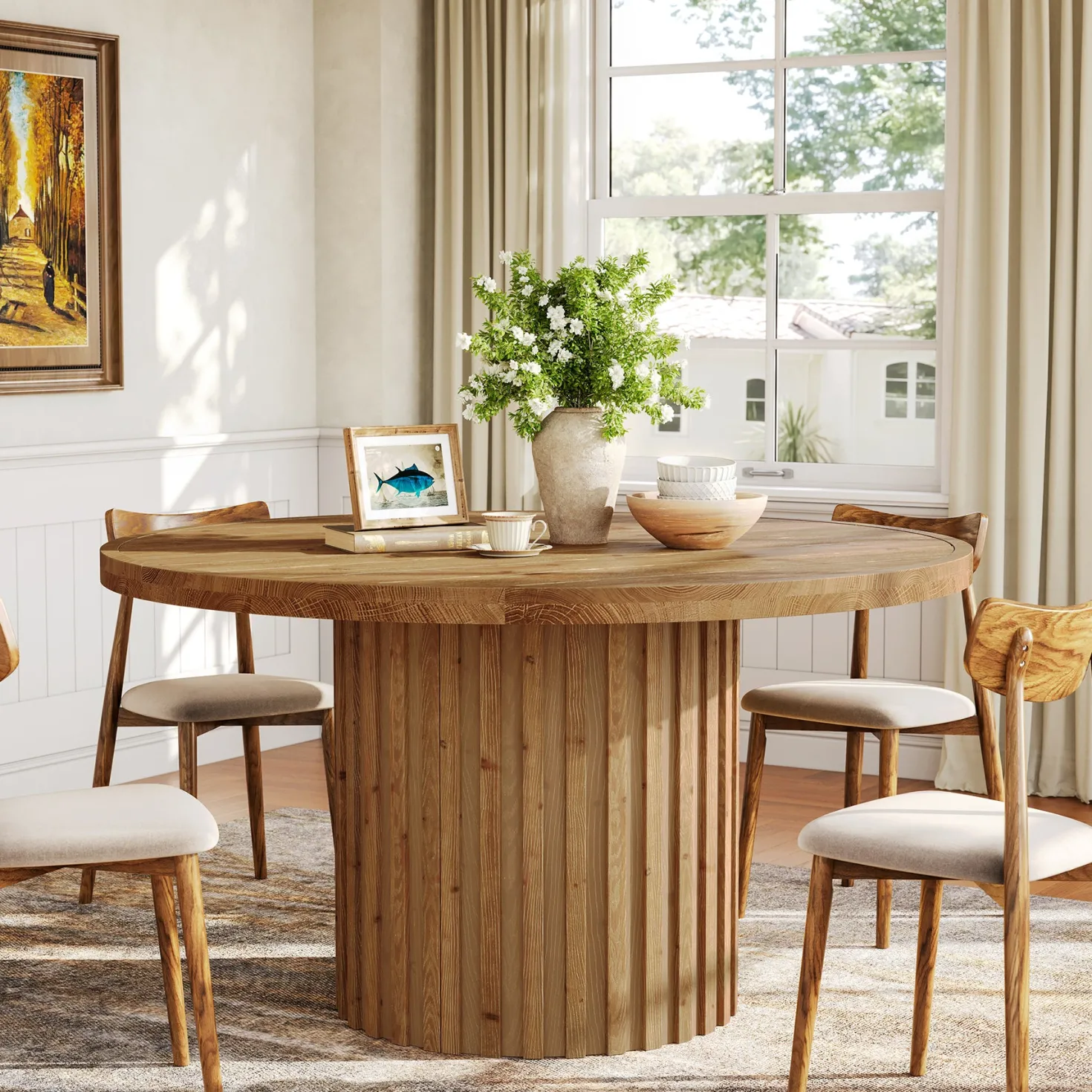Round Solid Wood Dining Table for 4, 47" Kitchen Table with Fluted Pedestal Base