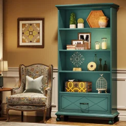5-Shelf Bookcase with Drawer, 71" Bookshelf with Solid Wood Legs