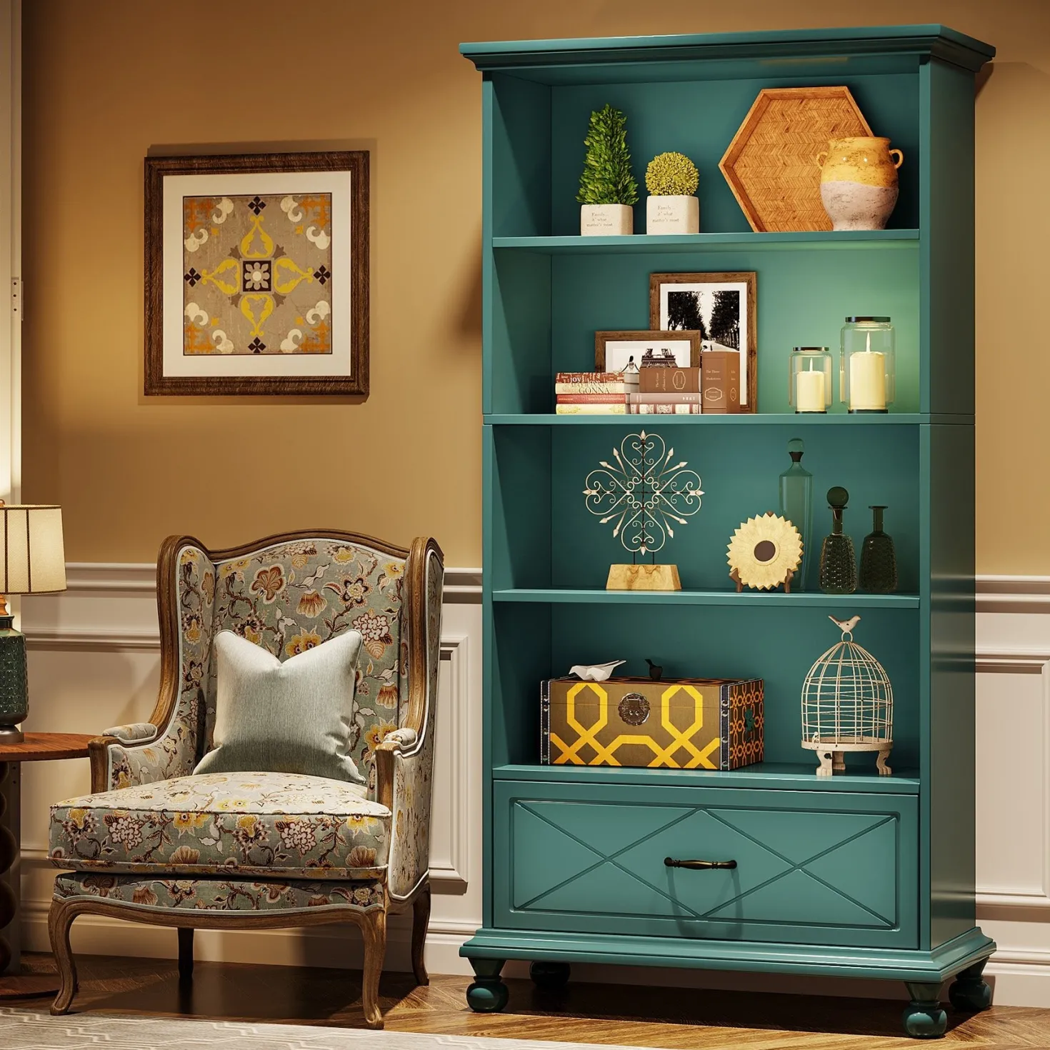 5-Shelf Bookcase with Drawer, 71" Bookshelf with Solid Wood Legs