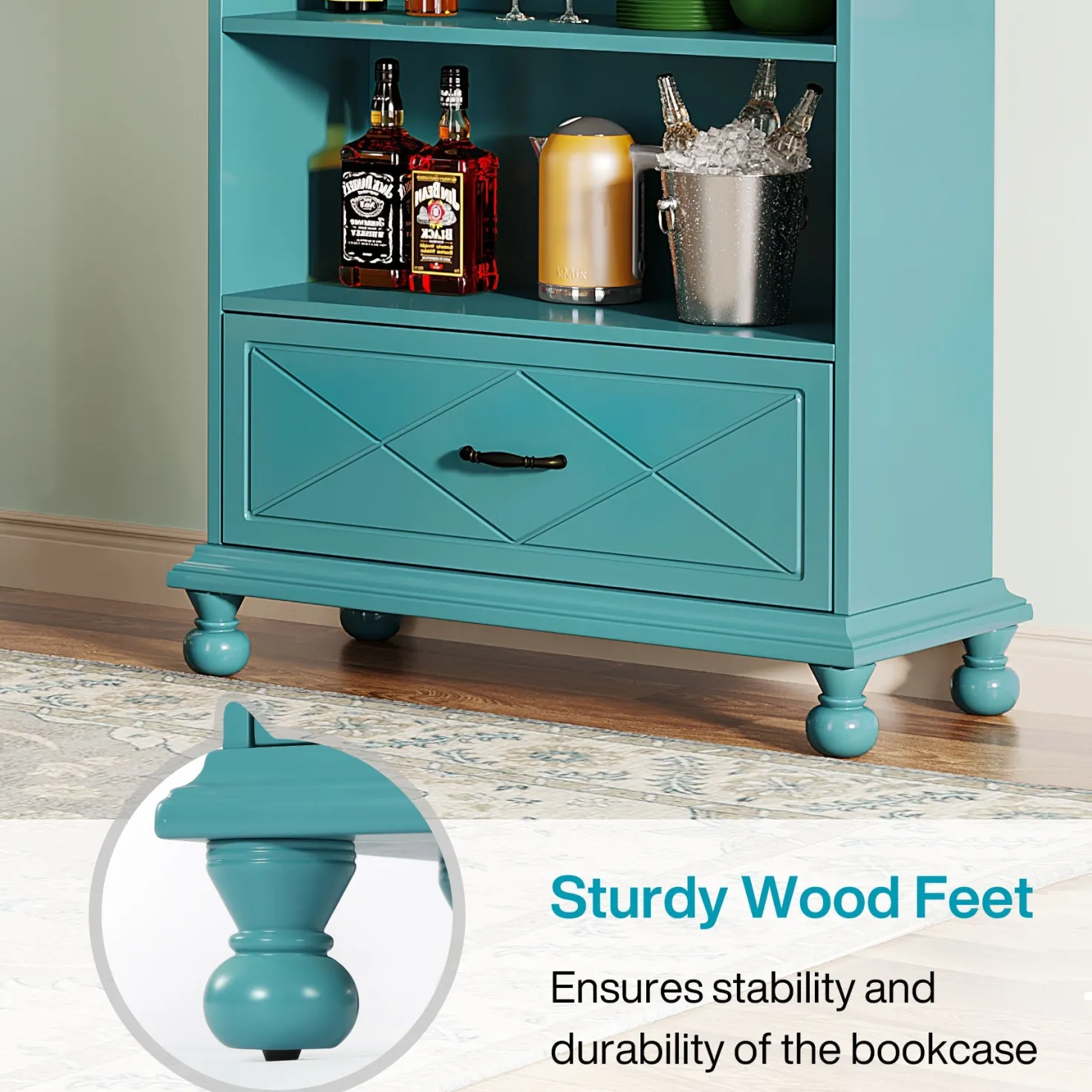 5-Shelf Bookcase with Drawer, 71" Bookshelf with Solid Wood Legs