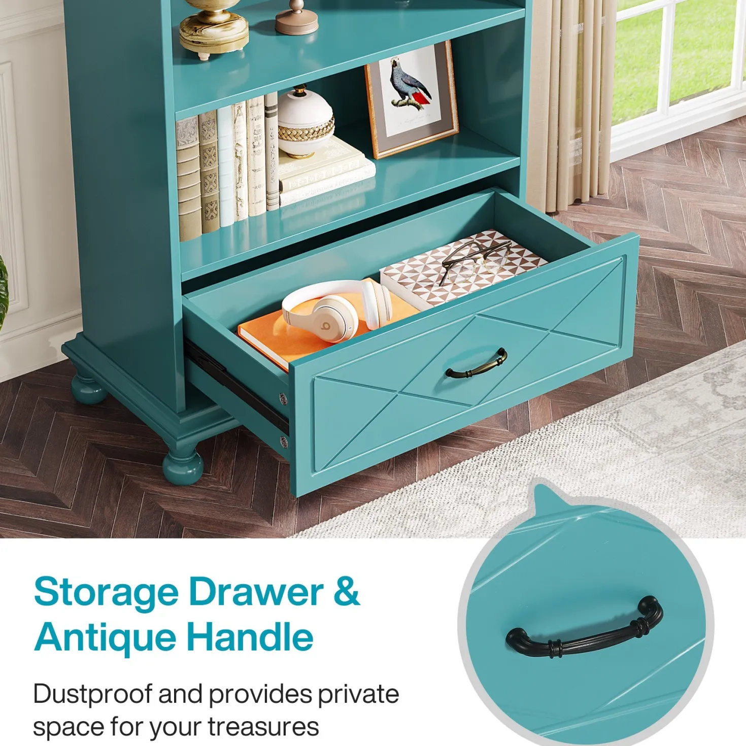 5-Shelf Bookcase with Drawer, 71" Bookshelf with Solid Wood Legs