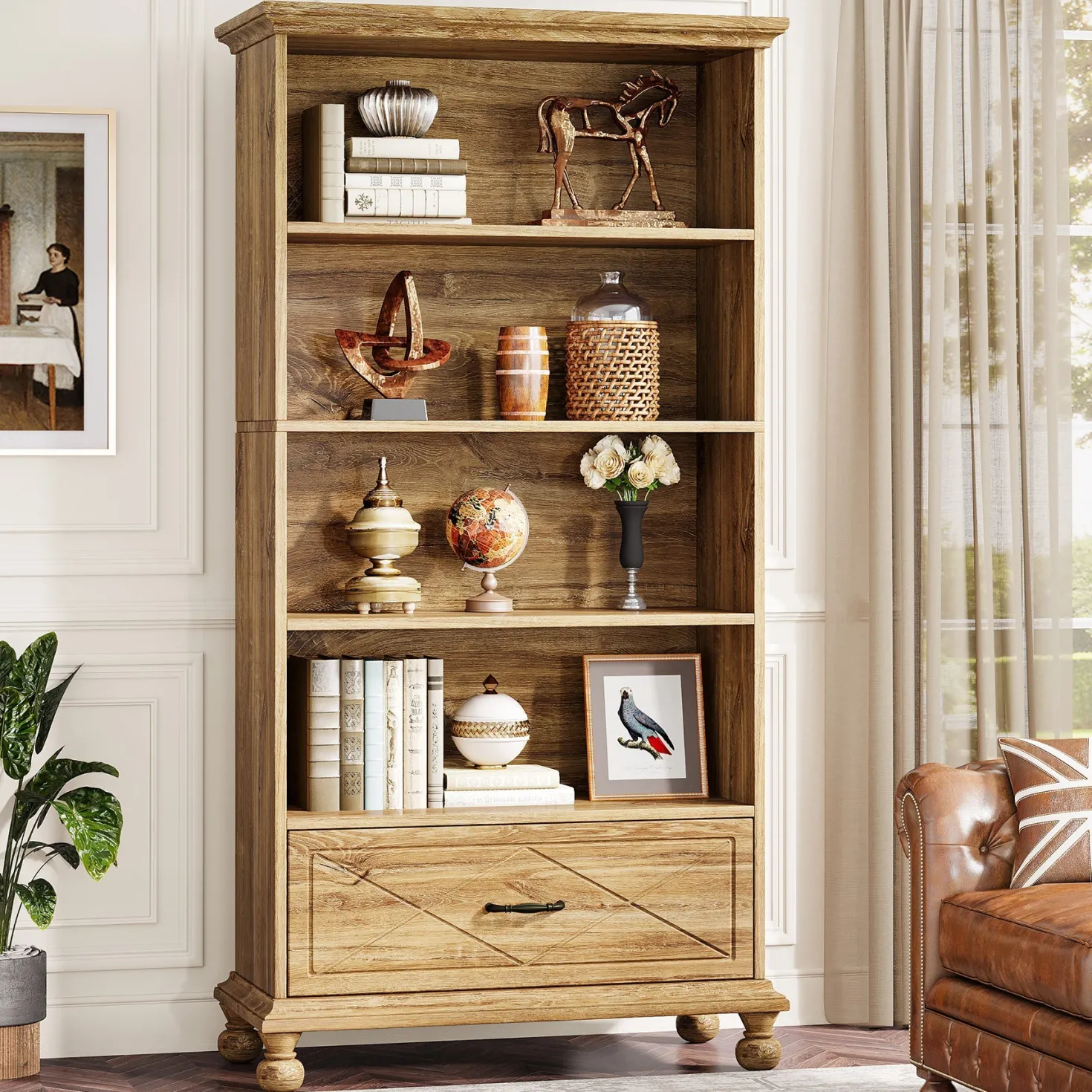 5-Shelf Bookcase with Drawer, 71" Bookshelf with Solid Wood Legs