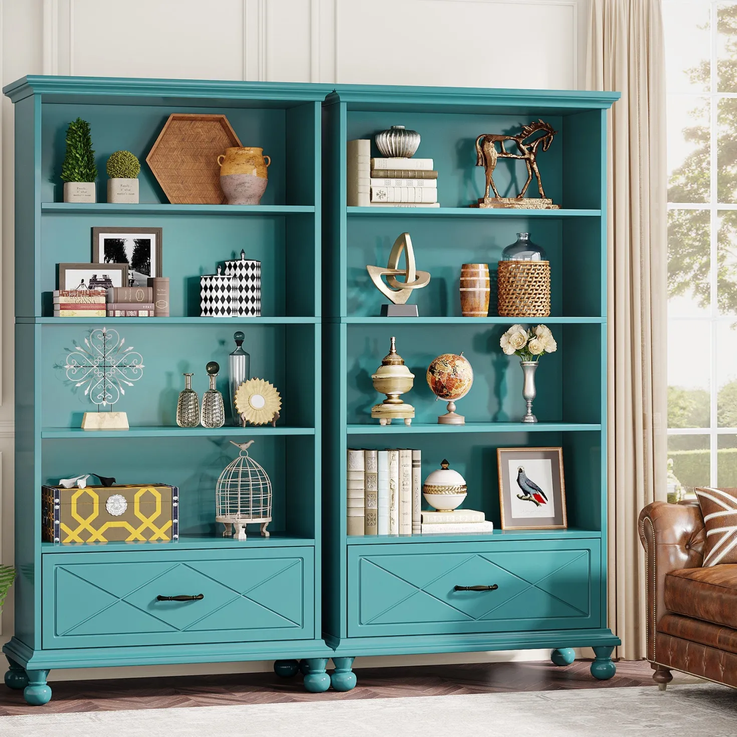 5-Shelf Bookcase with Drawer, 71" Bookshelf with Solid Wood Legs
