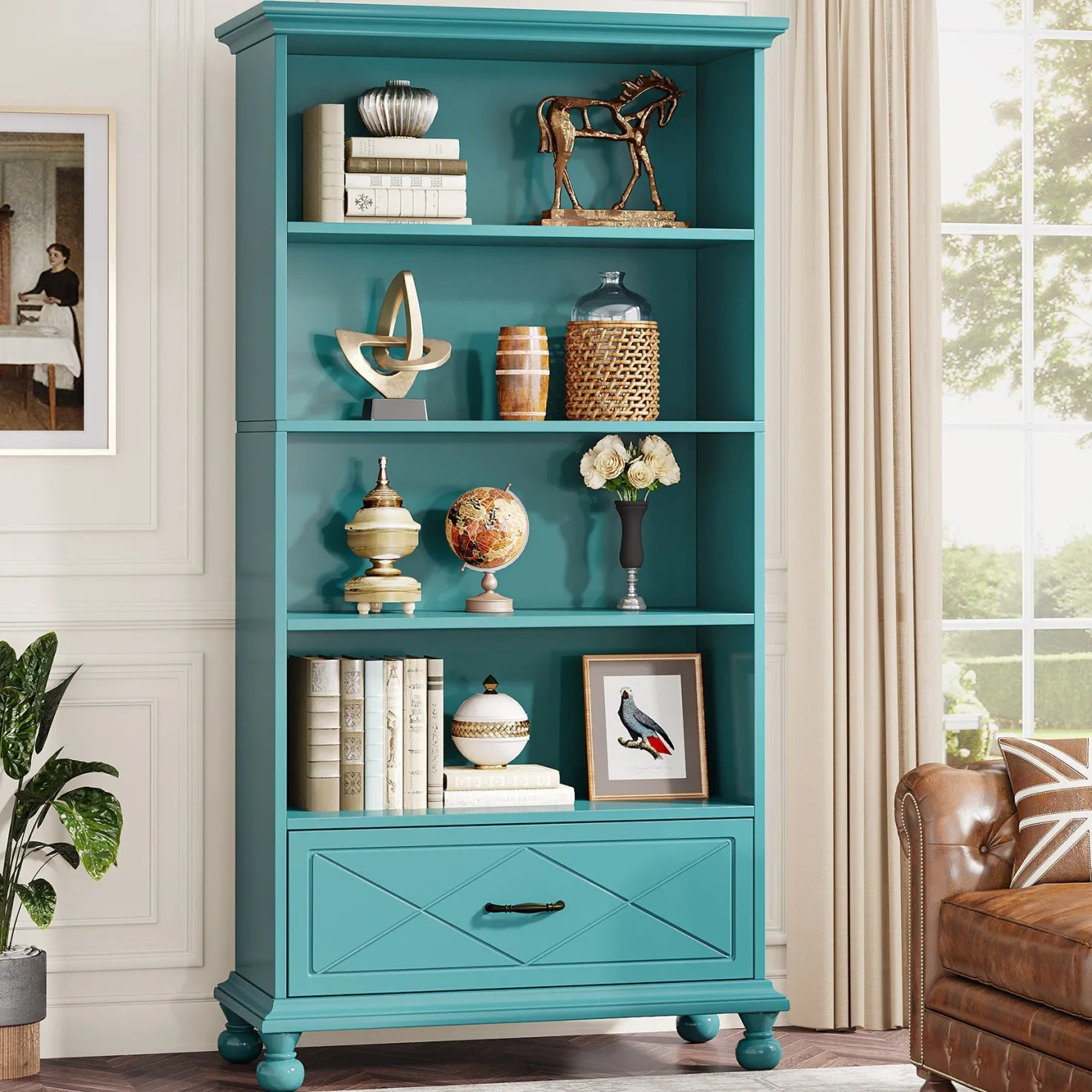 5-Shelf Bookcase with Drawer, 71" Bookshelf with Solid Wood Legs