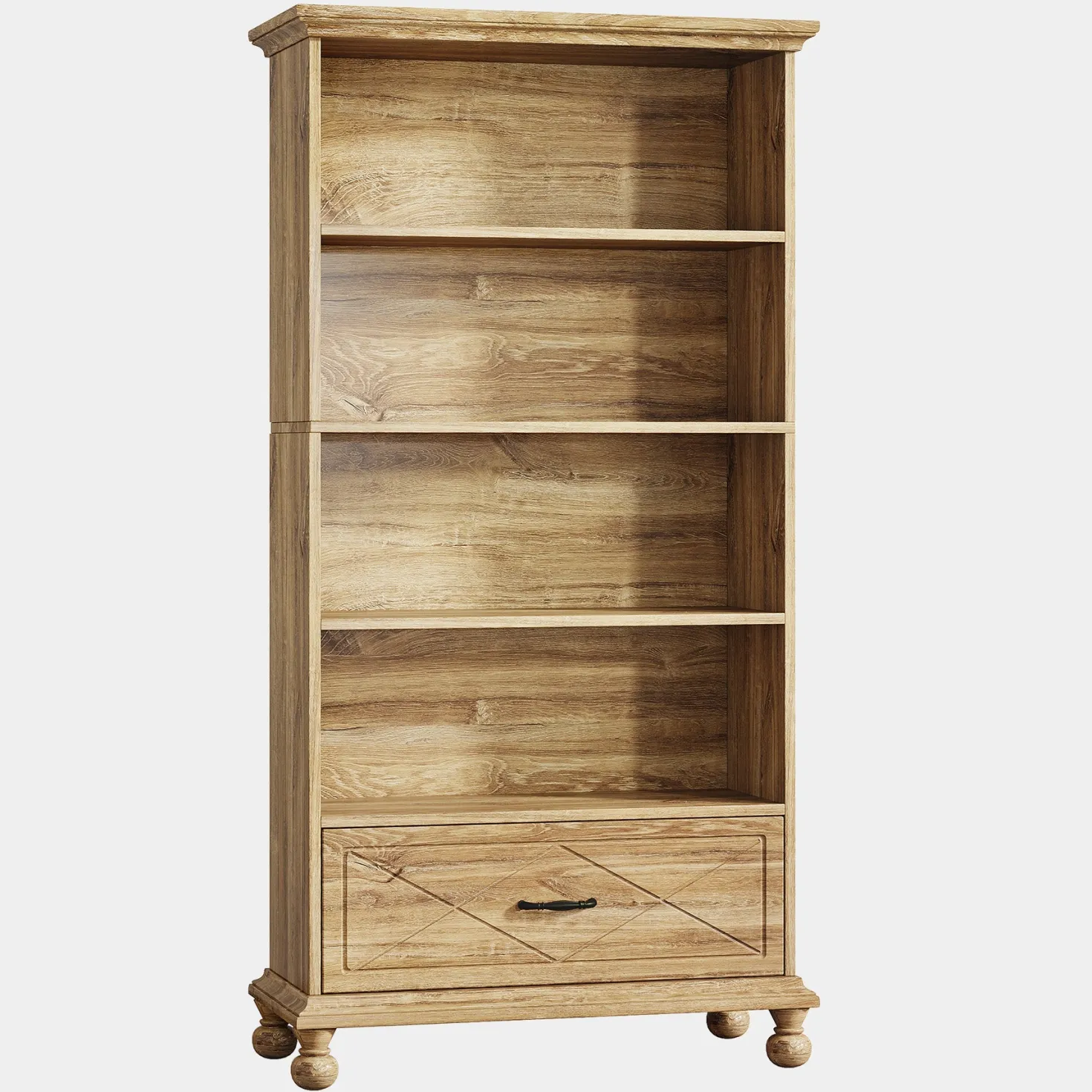5-Shelf Bookcase with Drawer, 71" Bookshelf with Solid Wood Legs