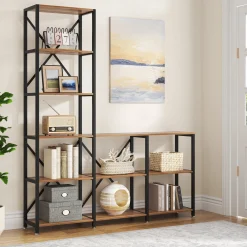 9-Shelf Bookshelf, Industrial Ladder Corner Etagere Bookcase