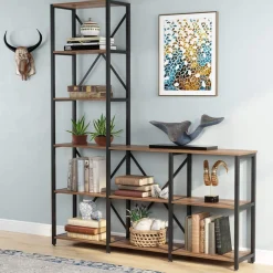 9-Shelf Bookshelf, Industrial Ladder Corner Etagere Bookcase