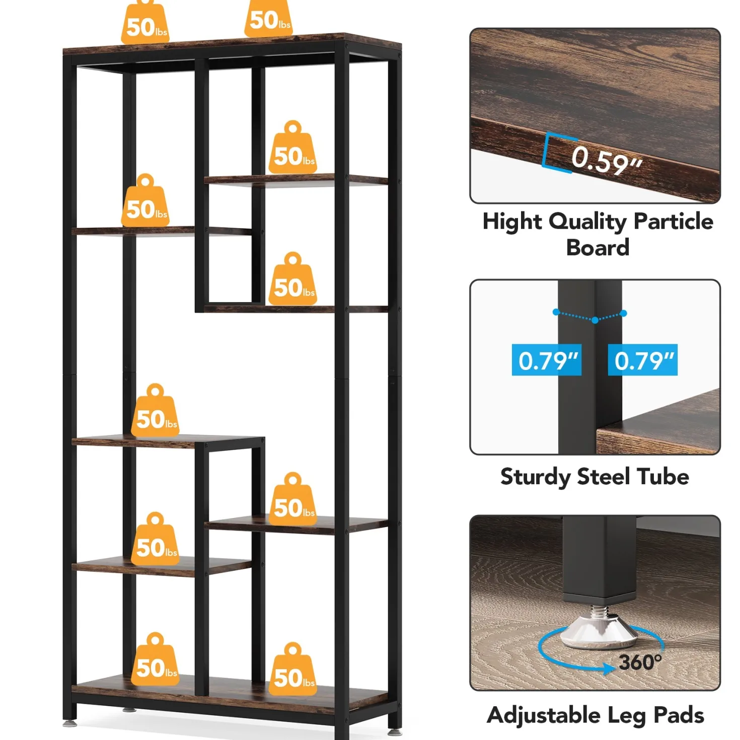 8-shelf Bookshelf, Industrial Open Bookcase Storage Display Rack