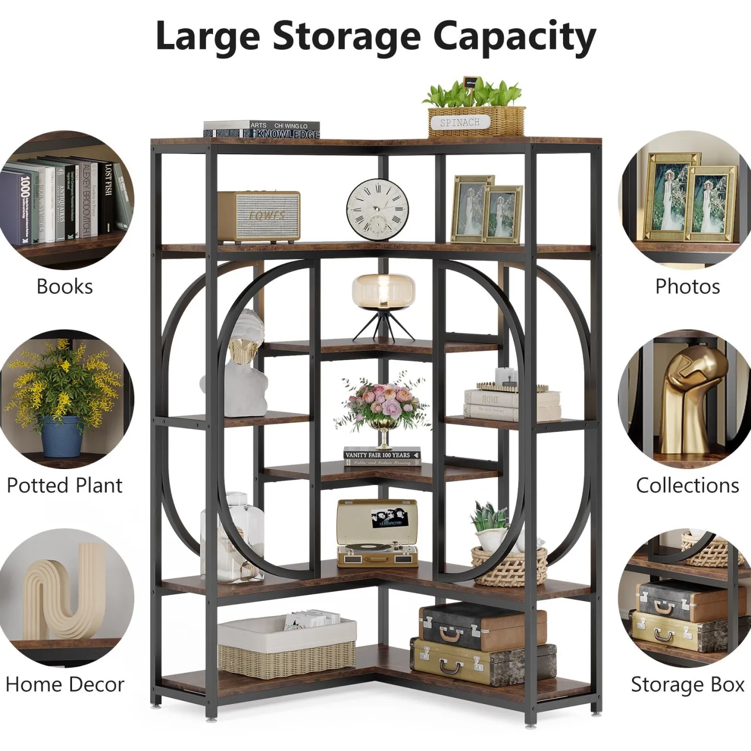 7-Shelf Corner Bookshelf, L-Shaped Bookcase Display Rack