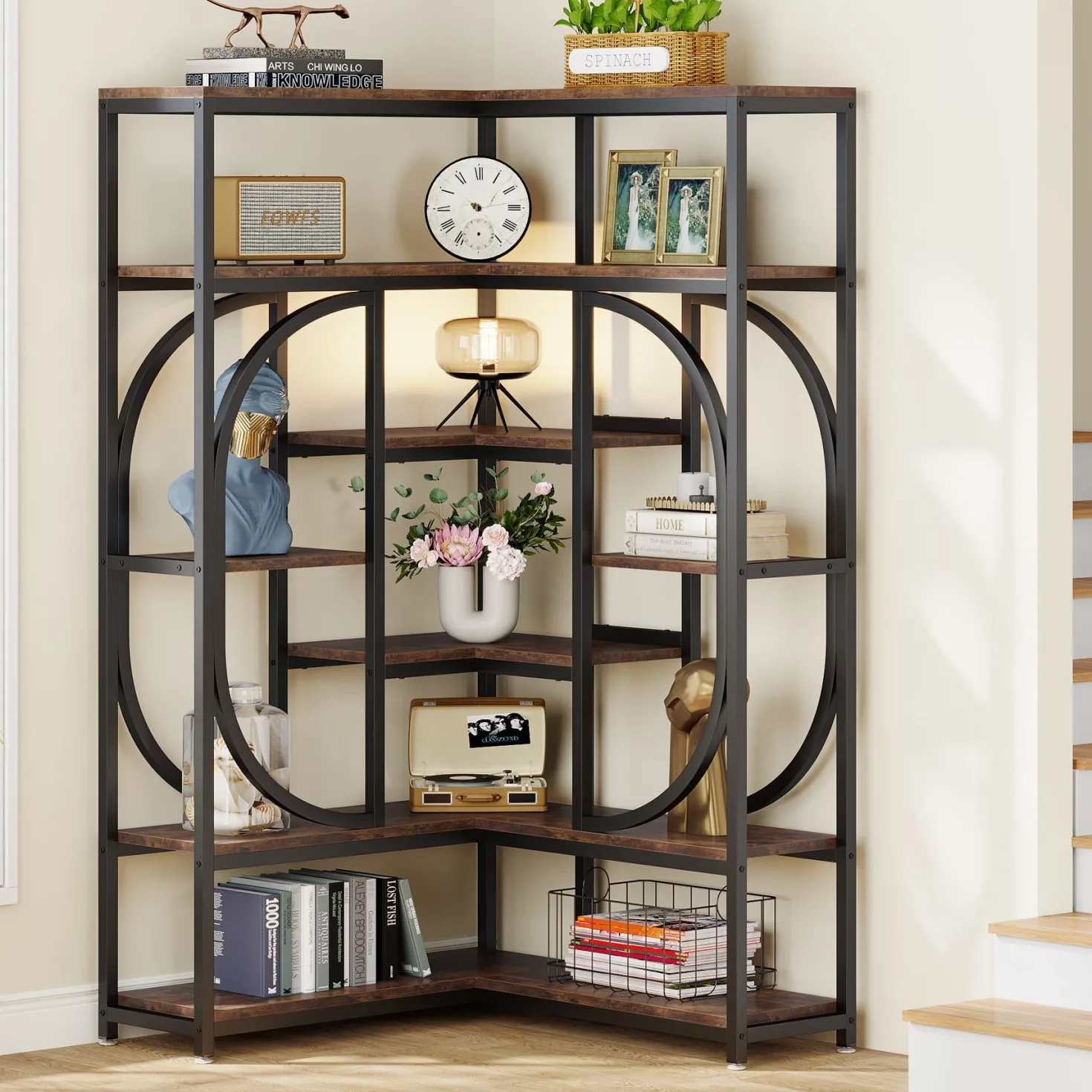 7-Shelf Corner Bookshelf, L-Shaped Bookcase Display Rack