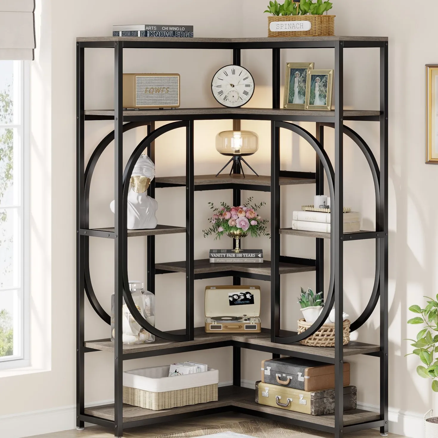 7-Shelf Corner Bookshelf, L-Shaped Bookcase Display Rack