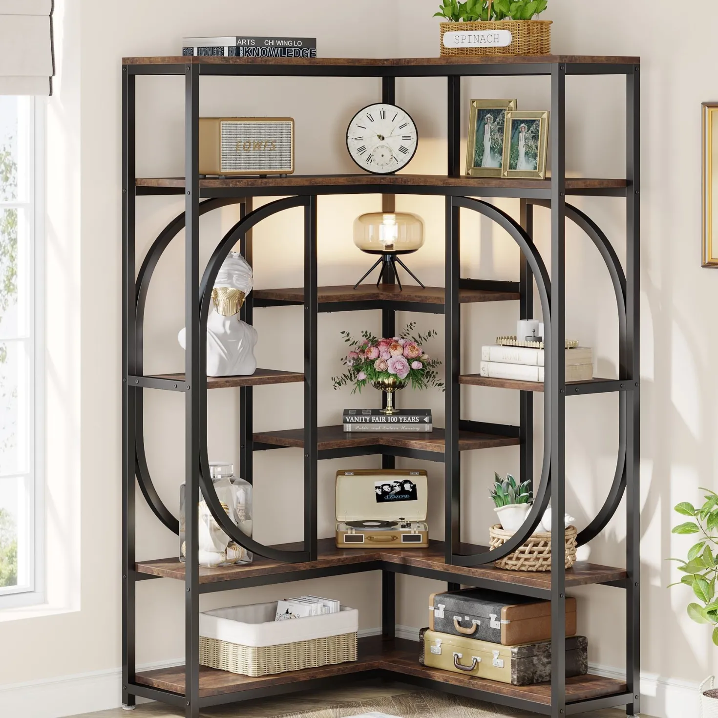 7-Shelf Corner Bookshelf, L-Shaped Bookcase Display Rack