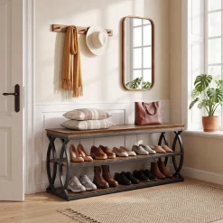 Shoe Storage Bench with 3-Tier Rack, Industrial Wooden Shoe Organizer for Hallway Living Room Closet