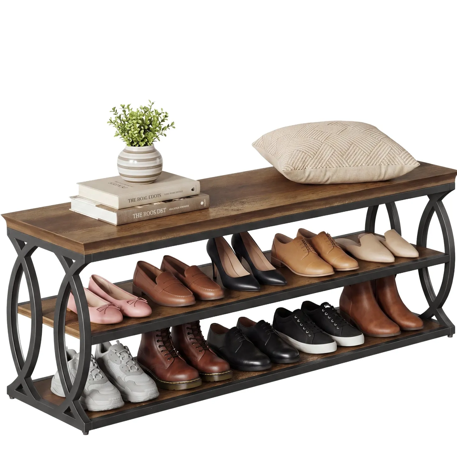 Shoe Storage Bench with 3-Tier Rack, Industrial Wooden Shoe Organizer for Hallway Living Room Closet