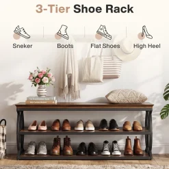 Shoe Storage Bench with 3-Tier Rack, Industrial Wooden Shoe Organizer for Hallway Living Room Closet