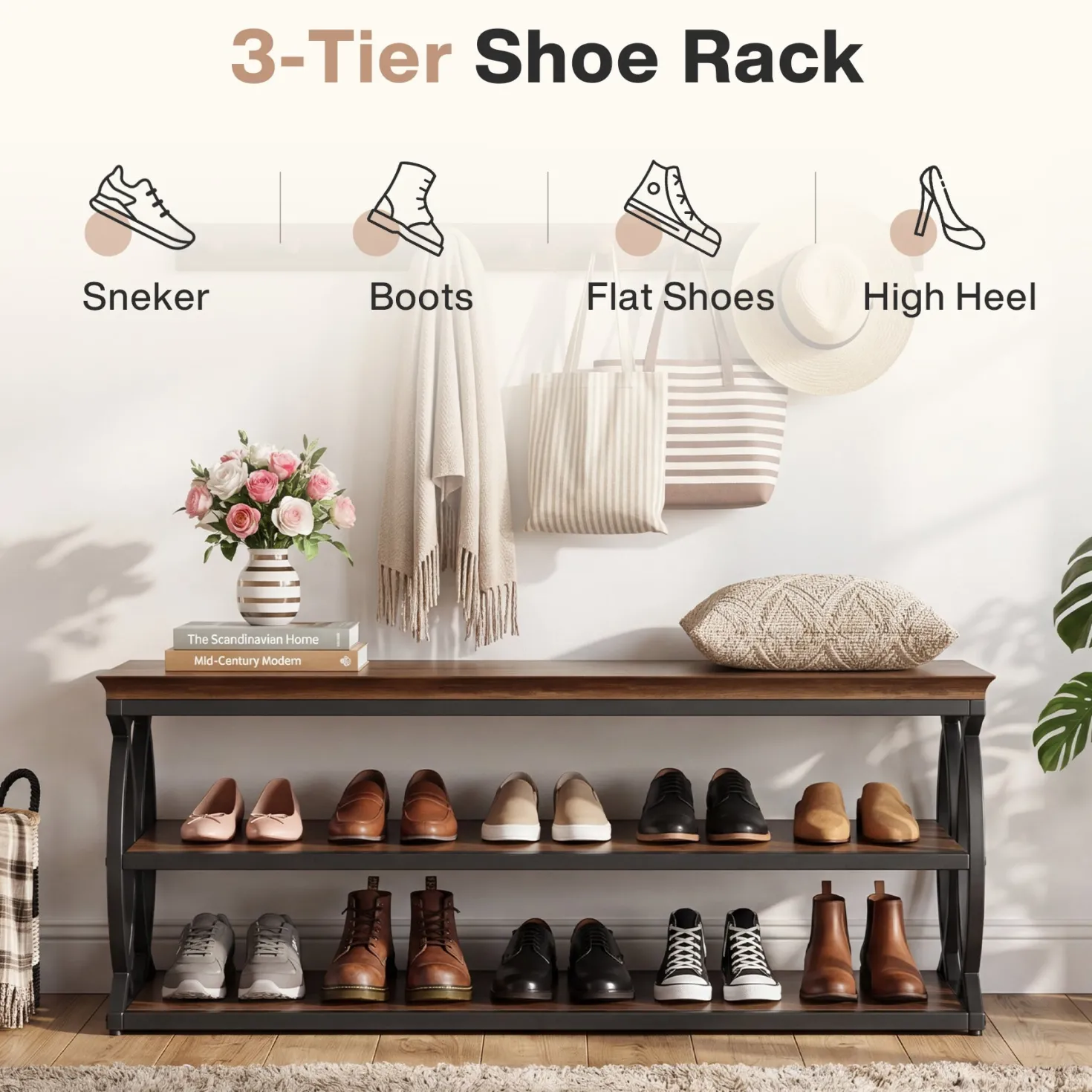 Shoe Storage Bench with 3-Tier Rack, Industrial Wooden Shoe Organizer for Hallway Living Room Closet