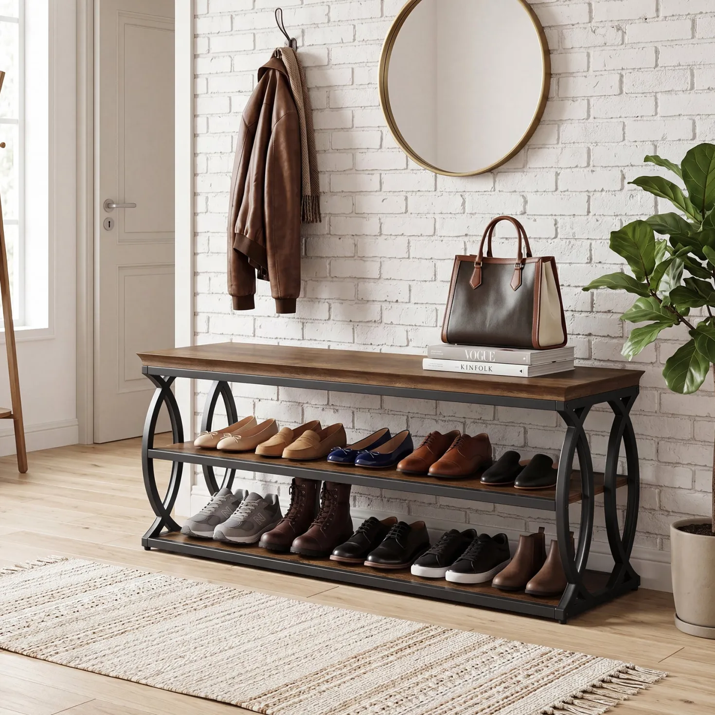 Shoe Storage Bench with 3-Tier Rack, Industrial Wooden Shoe Organizer for Hallway Living Room Closet