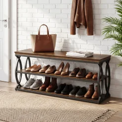 Shoe Storage Bench with 3-Tier Rack, Industrial Wooden Shoe Organizer for Hallway Living Room Closet