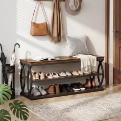 Shoe Storage Bench with 3-Tier Rack, Industrial Wooden Shoe Organizer for Hallway Living Room Closet
