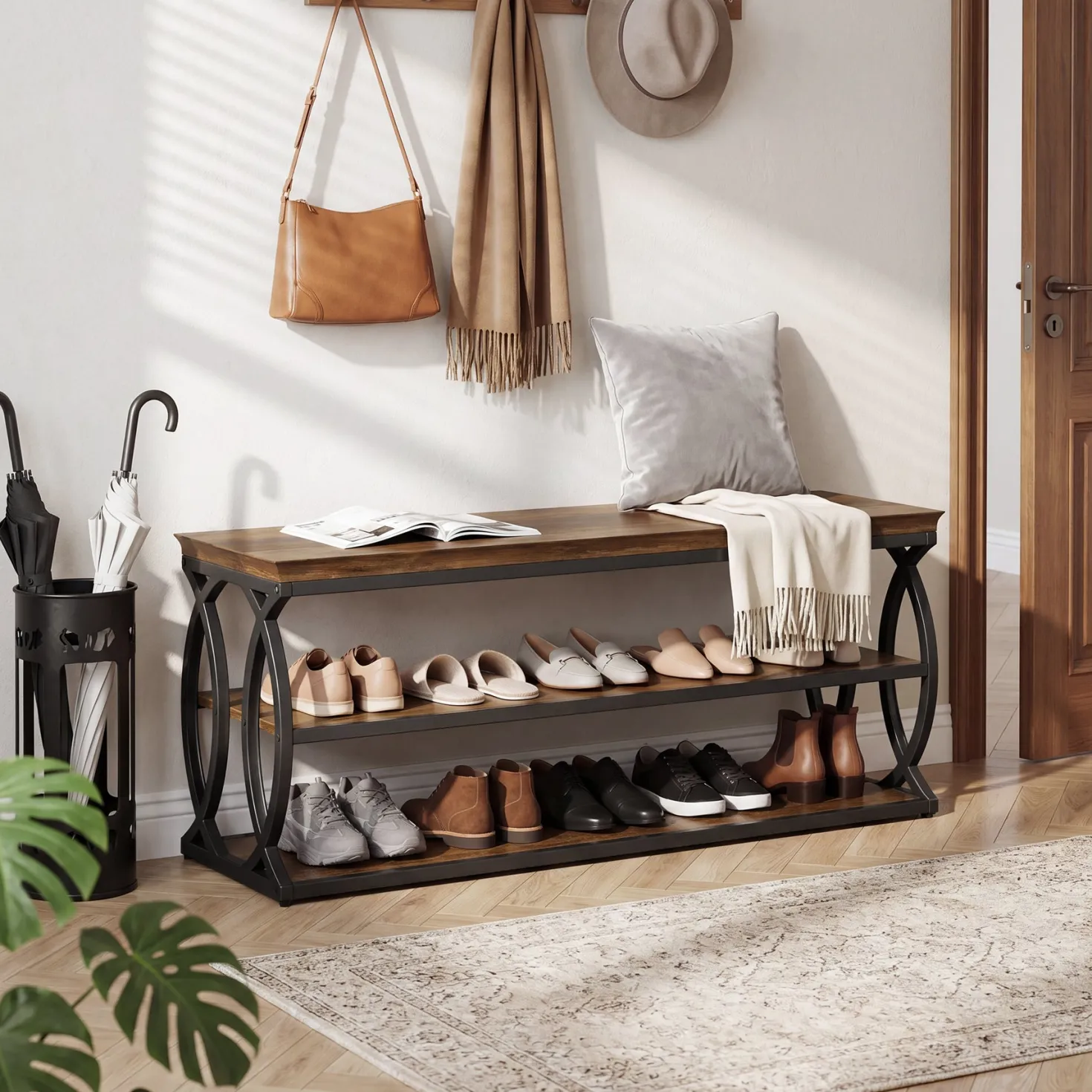 Shoe Storage Bench with 3-Tier Rack, Industrial Wooden Shoe Organizer for Hallway Living Room Closet