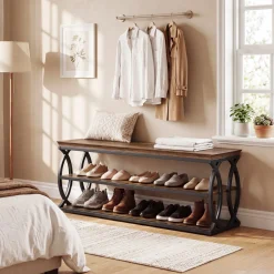 Shoe Storage Bench with 3-Tier Rack, Industrial Wooden Shoe Organizer for Hallway Living Room Closet