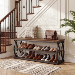 Shoe Storage Bench with 3-Tier Rack, Industrial Wooden Shoe Organizer for Hallway Living Room Closet