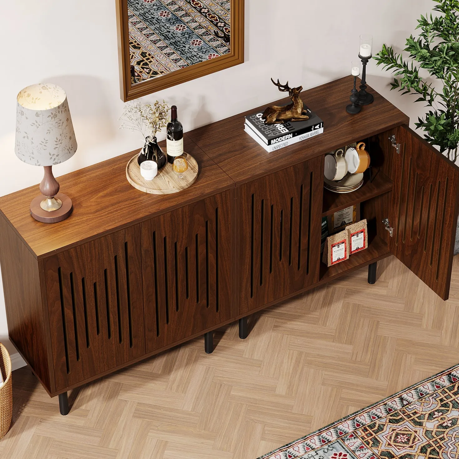 Sideboard Buffet, Set of 2 Storage Cabinet with Adjustable Shelves