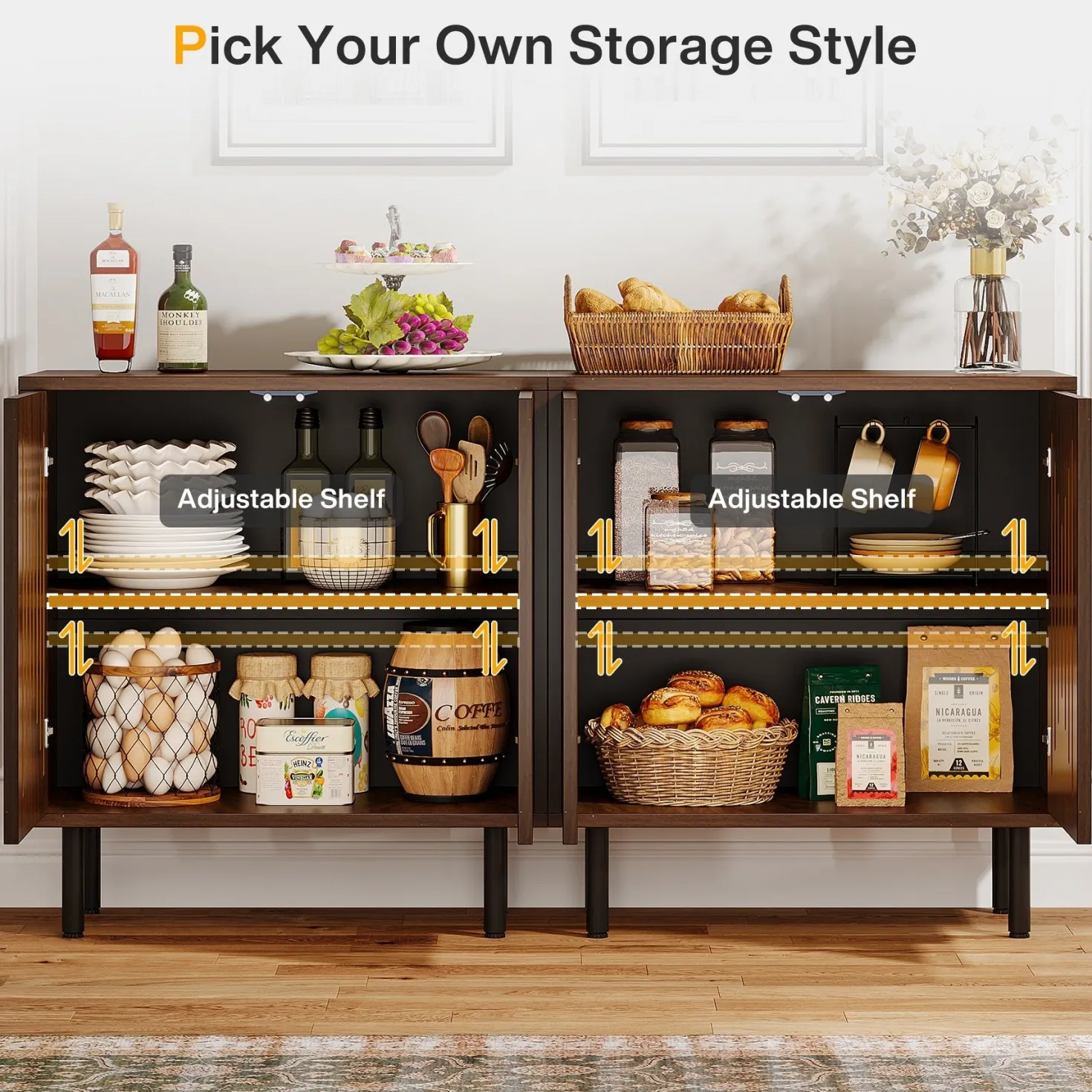 Sideboard Buffet, Set of 2 Storage Cabinet with Adjustable Shelves