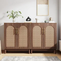 Sideboard Buffet Set of 2, Accent Rattan Storage Cabinet with Doors