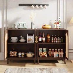 Sideboard Buffet Set of 2, Accent Rattan Storage Cabinet with Doors