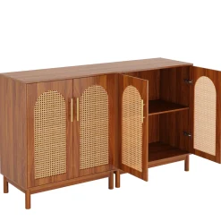Sideboard Buffet Set of 2, Accent Rattan Storage Cabinet with Doors