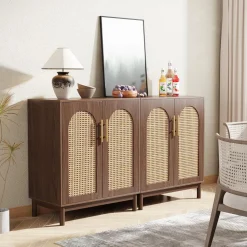 Sideboard Buffet Set of 2, Accent Rattan Storage Cabinet with Doors